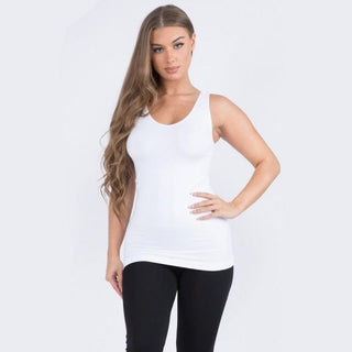 White seamless tank top with a reversible V-neck design, worn by a model with long hair.