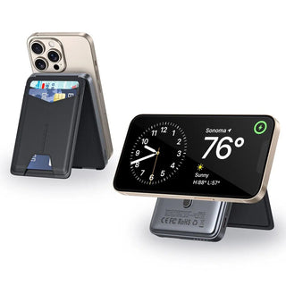 Magnetic wireless power bank with card holder attached to a smartphone, shown in black.