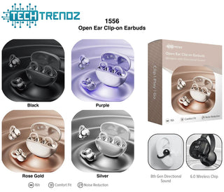 Tech Trendz Open Ear Clip-on Earbuds in black with a sleek design and charging case.