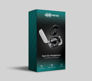 Tech Trendz open-ear headphones in black with an LED case, featuring bone conduction technology.