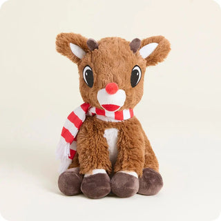 Rudolph plush toy with a red and white scarf, featuring a red nose and soft brown fur.