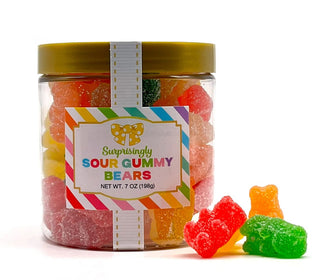 A jar of Oh, Sugar! Sour Gummy Bears with assorted colors and a label indicating 7 oz.