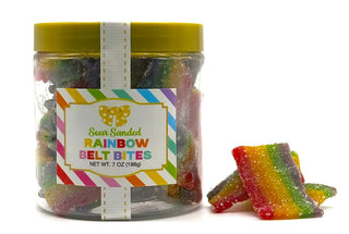 Jar of sour rainbow belt bites with colorful layers and a yellow lid.