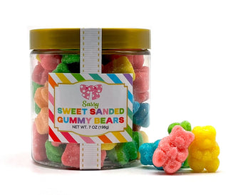 A jar of sweet sanded gummy bears in various colors with a resealable lid.