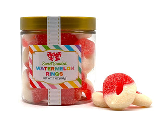 Jar of sweet sanded watermelon rings, 7 oz, with colorful label and gold lid.