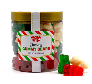 A clear jar labeled 'Yummy Gummy Bears' containing red, green, and white gummy bears.
