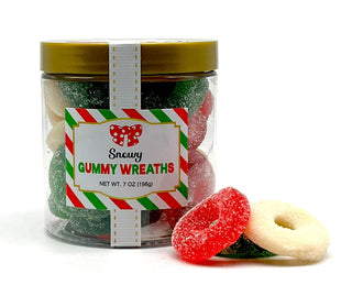 Jar of red, green, and white sanded gummy wreaths labeled 'Snowy Gummy Wreaths', 7 oz.