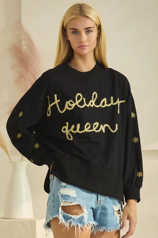 Oddi - Holiday Sparkled Front Letter Sweatshirt - Black