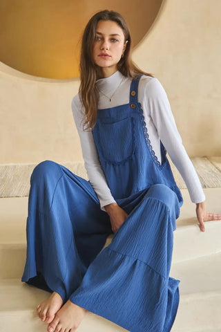 Oddi - Solid Airflow Tired Wide Leg Overall Jumpsuit - Denim Blue