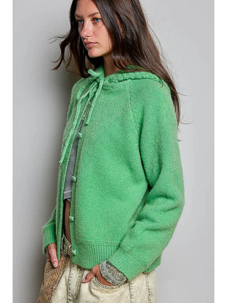 Pol - Long Sleeve Button Down Hood Knit Sweater Cardigan
