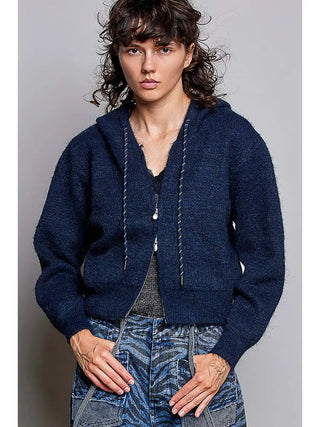 A navy blue soft brushed zip-up hooded cardigan worn by a model.