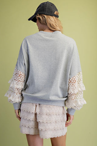 Easel - Lace Sleeves Contrast Terry Pullover
