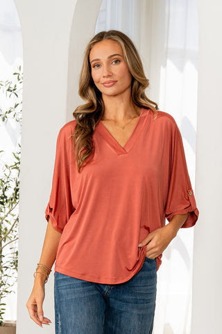 Sew In Love - Long Sleeve V-neck Top - Terracotta