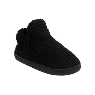 Black plush slippers with a cushioned sole and slip-on design.