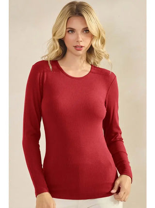 Crimson ribbed long sleeve top with a crew neckline worn by a model.
