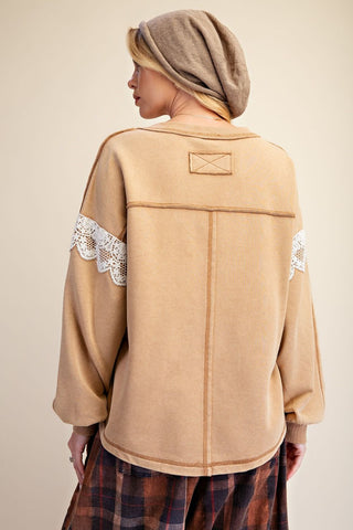 Easel - Lace Detailing Washed Terry Pullover