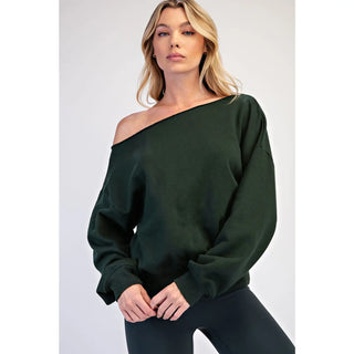 Regency green off-shoulder top with a relaxed fit and long sleeves.