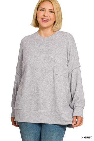 Zenana - Brushed Melange Drop Shoulder Sweater - Heather Grey