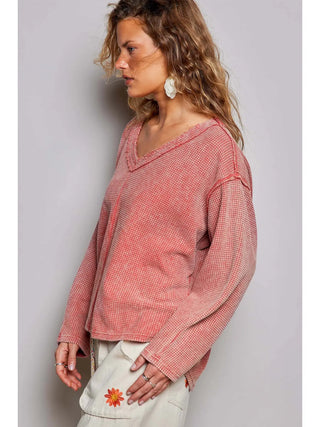 Pol - Vintage Thermal Micro-check Waffle Knit Solid Top - Coral