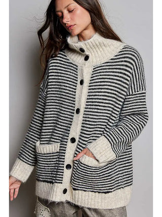 Pol - Striped Fold Over Collar Button Front Knit Cardigan
