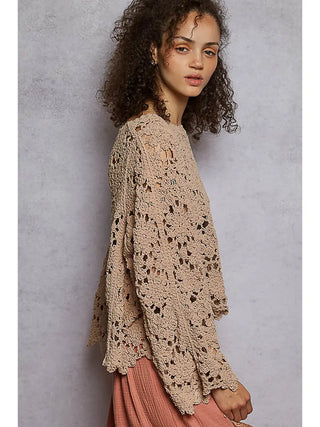 Pol - Textured Chenille Sweater Loose Fit Crochet Top - Latte