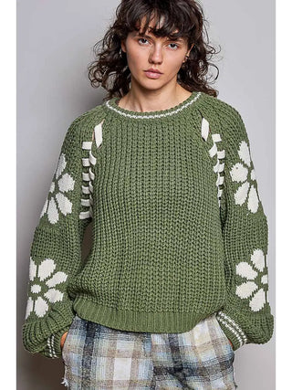 A relaxed fit olive multi sweater with a round neck and floral sleeve motifs.