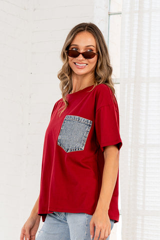 Sew In Love - Crewneck Pocket T-Shirt - Burgundy