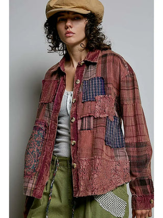 Woman wearing a vintage wash plaid shirt with lace patchwork in rose multi, featuring long sleeves and a button-up front.