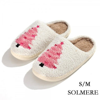 White slide-on slippers with a pink Christmas tree design and beige sole, size S/M.