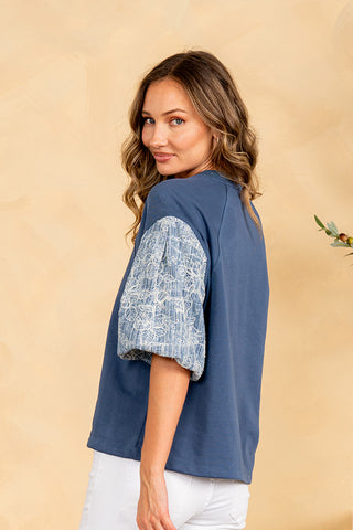 Sew In Love - Embroidered Puff Sleeve Top - Navy Denim
