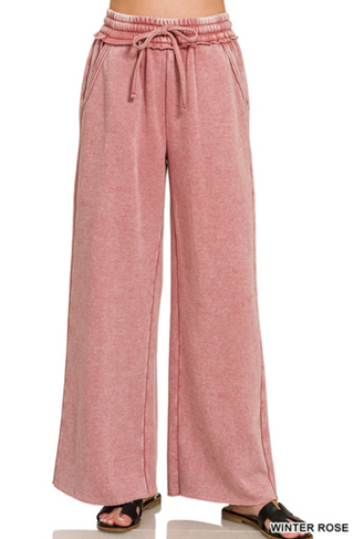 Zenana Acid Wash Fleece Palazzo Sweatpants in Winter Rose with relaxed fit and elastic waistband.