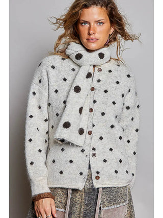 Pol - Polka Dot Button Front Knit Cardigan With Scarf