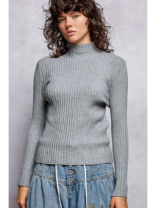 A fitted mock neck rib knit sweater in heather grey, worn by a model.