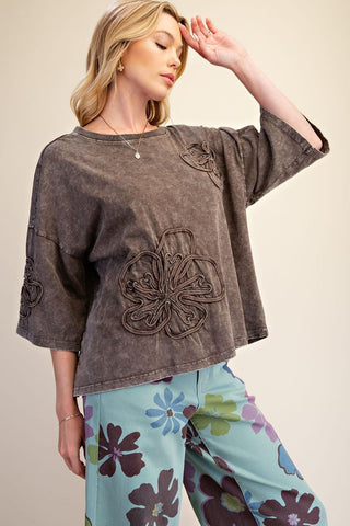 Easel - Embroidered Washed Terry Top - Mocha