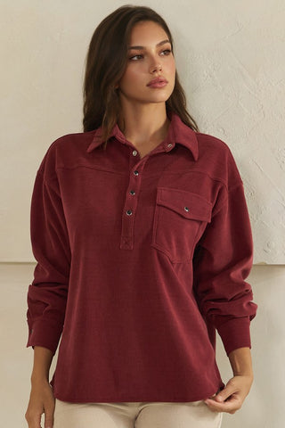 Yelete - Classic Corduroy Snap Pullover - Burgundy