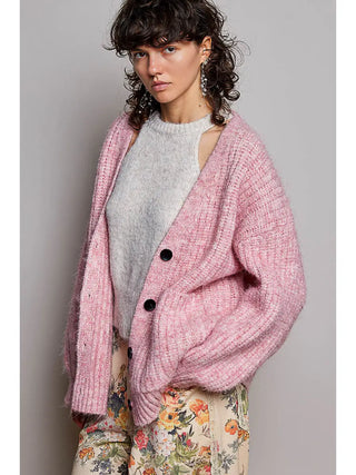 Pol - Oversized Ribbed Knit V-neck Button Pockets Cardigan