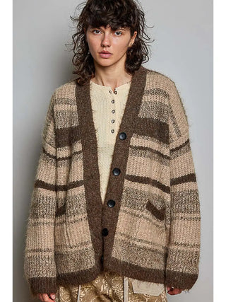 A striped knit oversized cardigan in choco multi with a V-neck and button closure.
