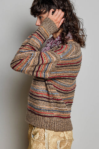 Pol - Striped Brushed Crew Neck Drop Shoulder Knit Sweater
