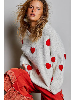 Pol - Heart Pattern Crew Neck Long Sleeve Knit Sweater