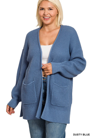 Zenana - Low Gauge Waffle Open Cardigan Sweater - Dusty Blue