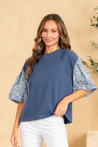 Sew In Love - Embroidered Puff Sleeve Top - Navy Denim