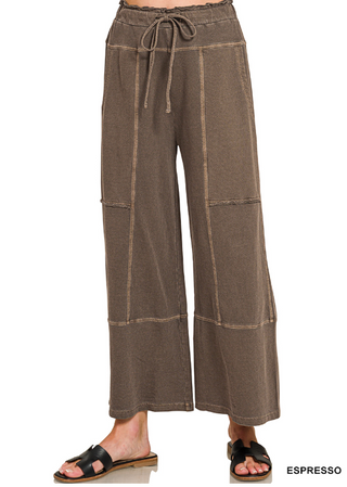 Zenana French Terry Washed Exposed-seam Wide Leg Pants in Espresso with elastic drawstring waist and wide leg fit.