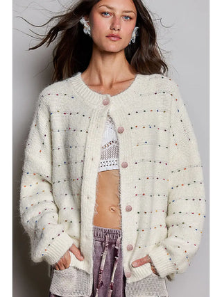 Pol - Multicolor Dot Crew Neck Button Front Knit Cardigan
