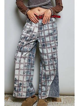 Pol - Vintage Thermal Patch High Rise Wide Leg Pants - Indigo Plaid
