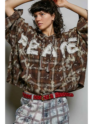 Pol - Lace Peace Letter Plaid Vintage Hoodie Loop Trim Top - Choco Multi