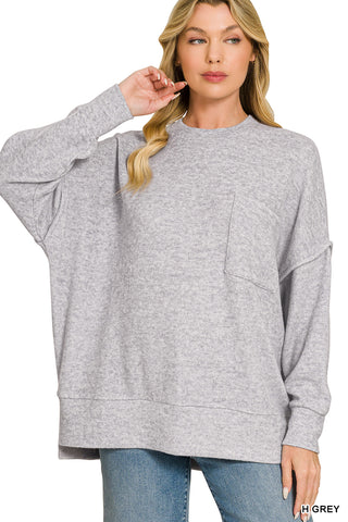 Zenana - Brushed Melange Drop Shoulder Oversized Sweater - Heathered Gray