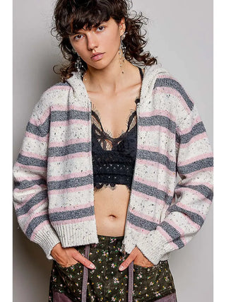 A speckled texture striped zip-up knit hoodie cardigan in oatmeal multi, featuring a hood and front zip.