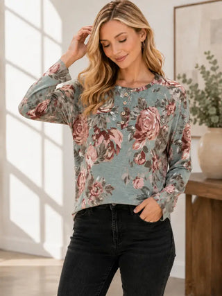 Sew In Love - Sage Blossom Floral Henley Top