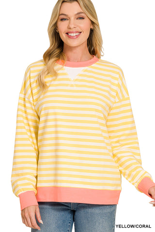 Zenana - Striped Rib Banded Long Sleeve Pullover - Yellow Coral