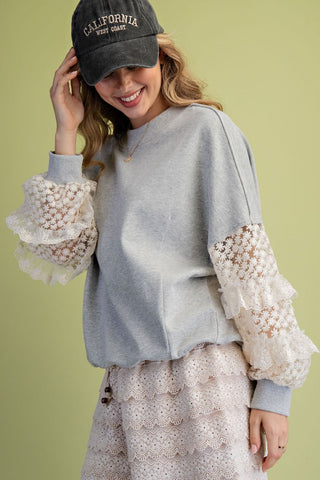 Easel - Lace Sleeves Contrast Terry Pullover